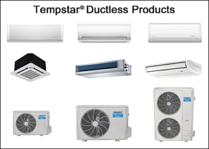 Tempstar ductless products, a variety of different types of indoor units, and different sizes of outdoor units.